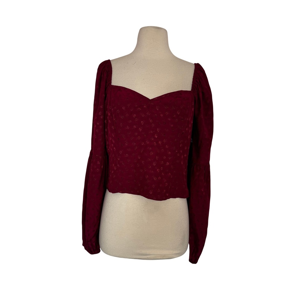 PAIGE Burgundy Floral Jacquard Sweetheart Puff Sleeve Smocked Crop Top SZ L NWOT